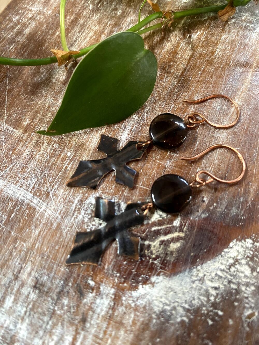 Smokey Quartz Coin Copper Cross Earrings